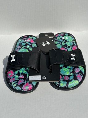 Under Armour Girls Black / Floral Slides Sandals Flip Flop Youth 1Y 4Y NEW